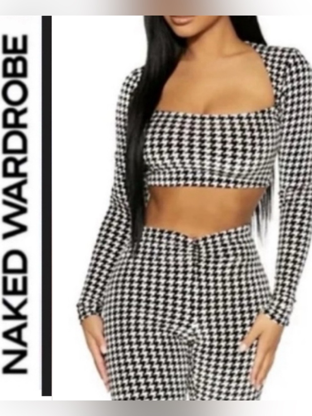 Naked Wardrobe🤍🖤 Black & White velvet Houndstooth crop top ~ XS